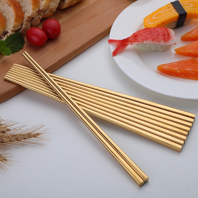Sét 10 Đôi Đũa Inox #304 Cao Cấp Cán Vuông Trơn [ Mạ Vàng  ]