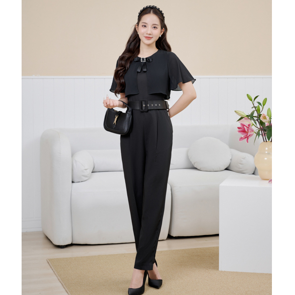 Bộ jumsuit đen công sở cổ nơ tay bèo quần ống đứng Orchid - AH17B064