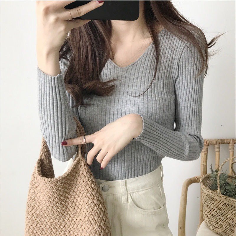 Áo len cổ tim hàng QC dáng ôm