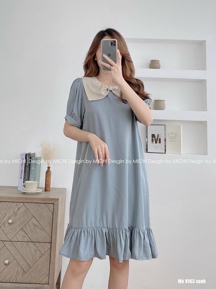 [HOÀN TIỀN ĐẾN 15%]váy suông nữ cổ nơ tay bồng chất đũi