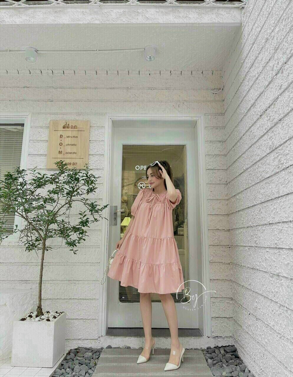[Freeship 2022] Đầm Babydoll Hồng Cột Nơ Tay Phồng