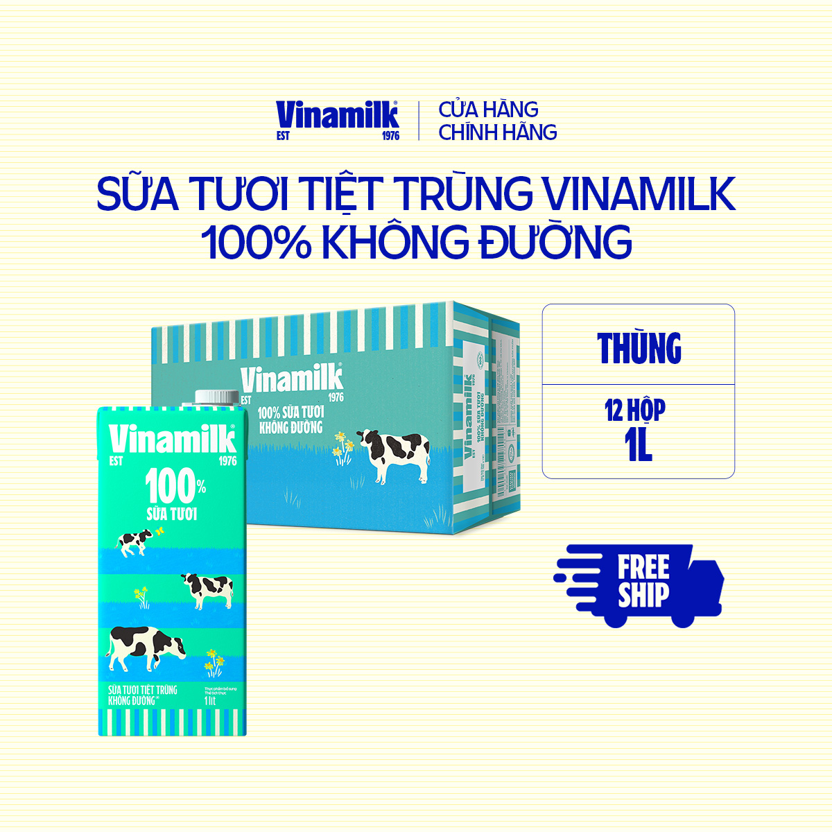 Thùng 12 Hộp Sữa tươi tiệt trùng Vinamilk 100% Không đường Hộp giấy 1L