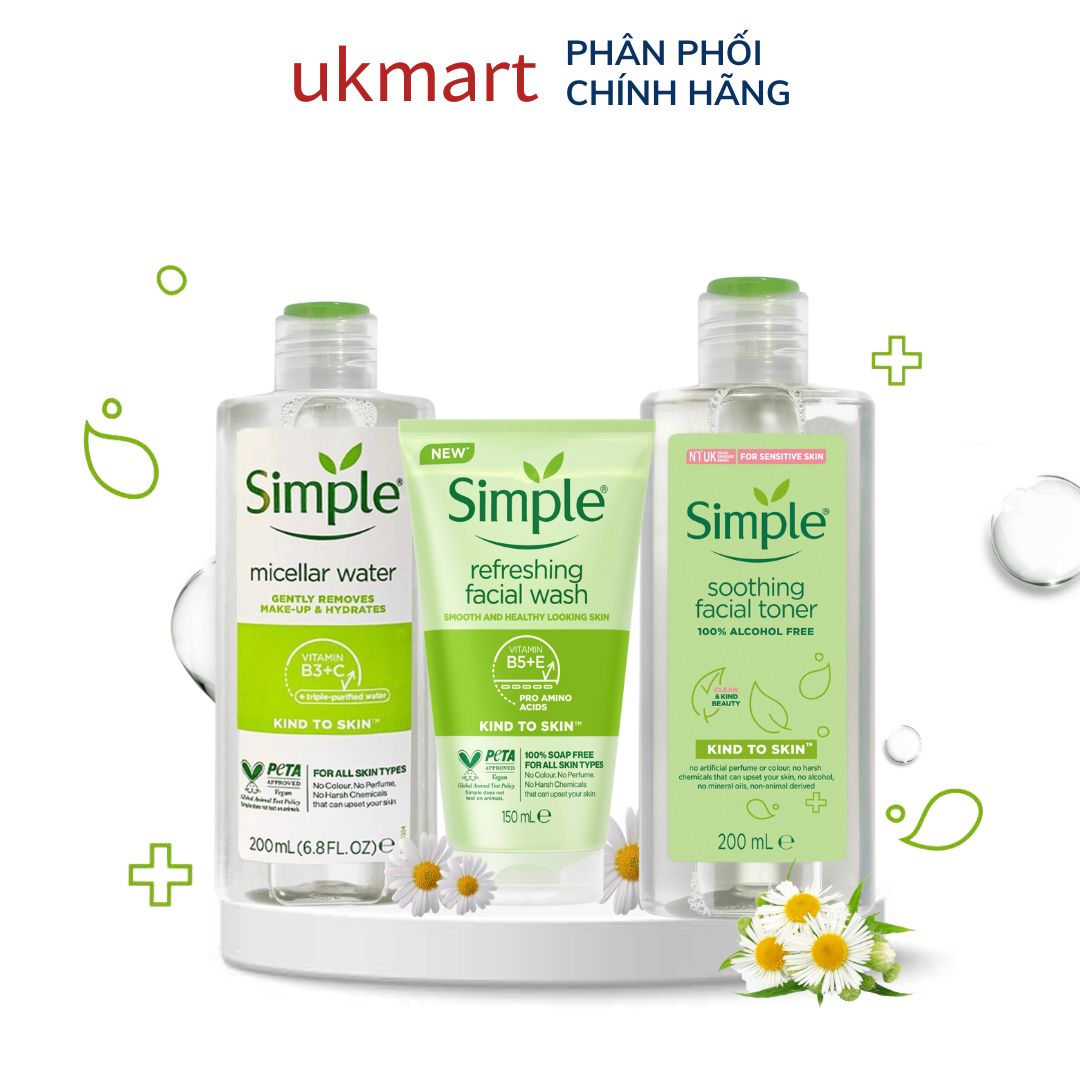 Combo Làm Sạch Da SIMPLE Nước Tẩy Trang Micellar Water 200ml + Sữa Rửa Mặt Refreshing 150ml + Nước Cân Bằng Da Soothing Facial Toner 200ml