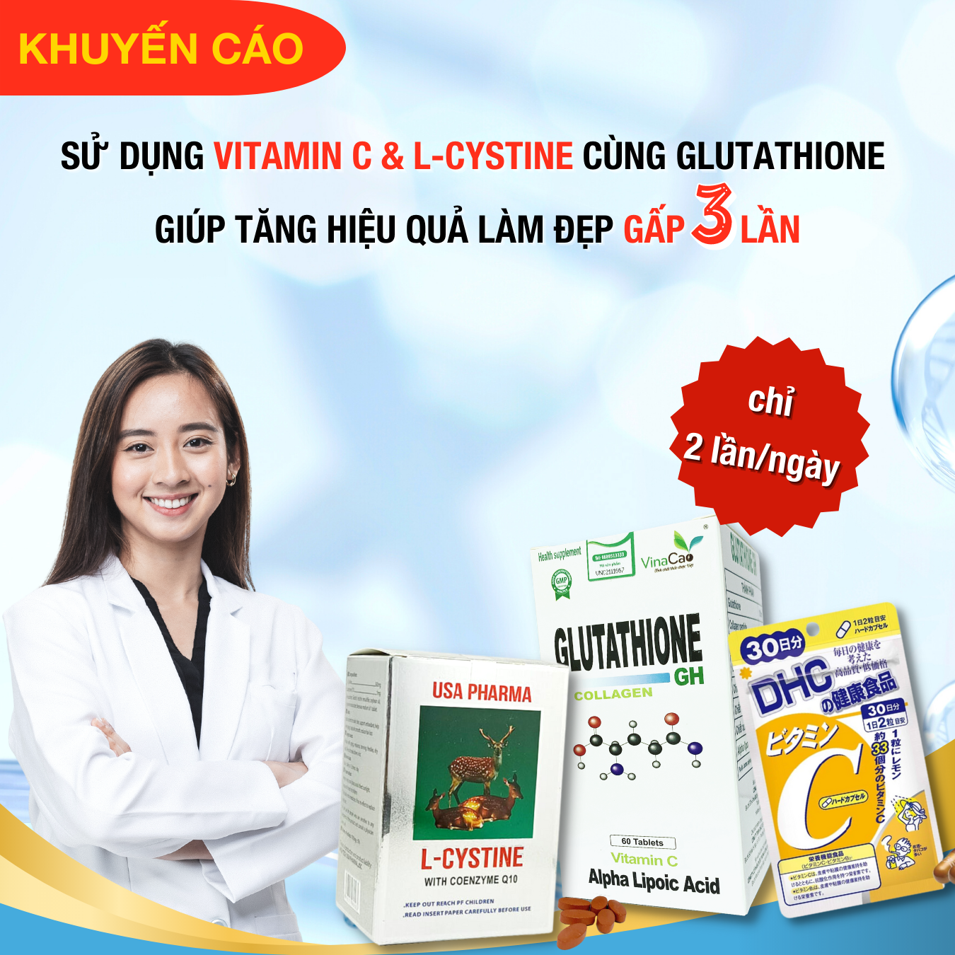 Viên uống trắng da Glutathione Collagen GH Vinacao - Hộp 60 viên - Giảm nám sạm da, tàn nhang, làm sáng da, trắng da, hạn chế quá trình oxi hóa; Tăng cường sức đề kháng, hệ miễn dịch