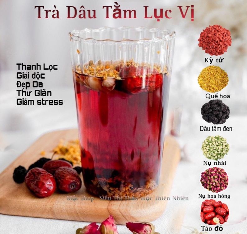 [SALE] Trà dâu tằm lục vị(dâu tằm, hoa quế, kỳ tử, nụ nhài,nụ hồng, táo đỏ) set túi& hộp