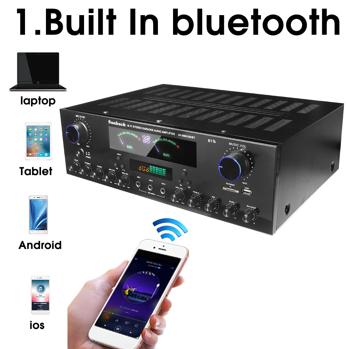 Âm ly, amply  bluetooth karaoke Sunbuck AV-999BT - Hàng chính hãng - Bảo hành 12 tháng - Bộ khuếch đại công suất thực 900W, 7 kênh, màn hình hiển thị kép Hifi AV amp loa hỗ trợ 3 mic FM AUX USB SD điều khiển