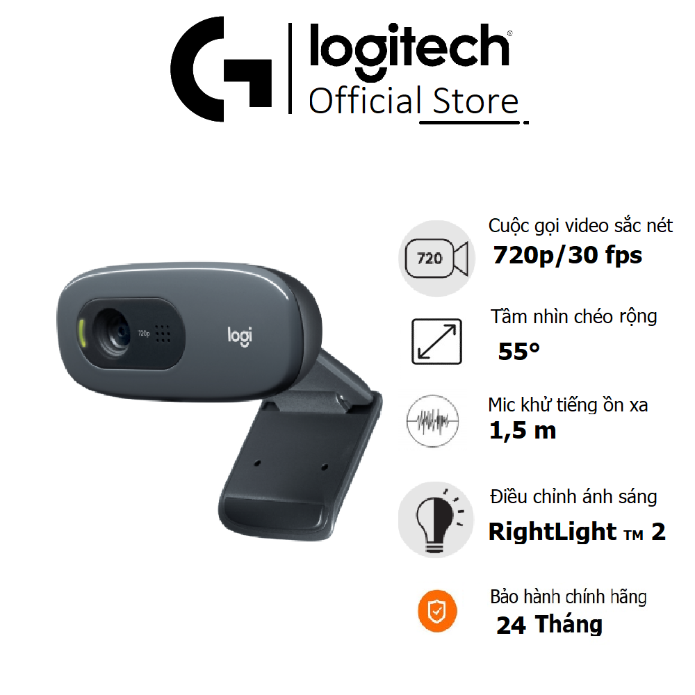 Webcam Logitech C270 HD - Dành cho Gọi Video góc rộng với micro giảm tiếng ồn và tự động chỉnh sáng, cắm và sử dụng ngay
