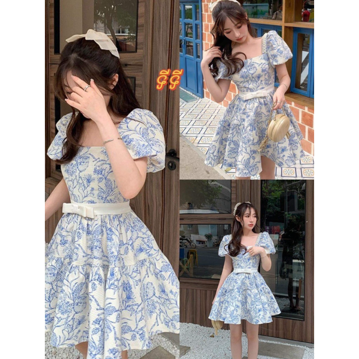 Đợt sale lớn siêu sale đầm uni in thiết kế cổ chữ u , tay phồng , váy xòe xinh xắn bbb fashion