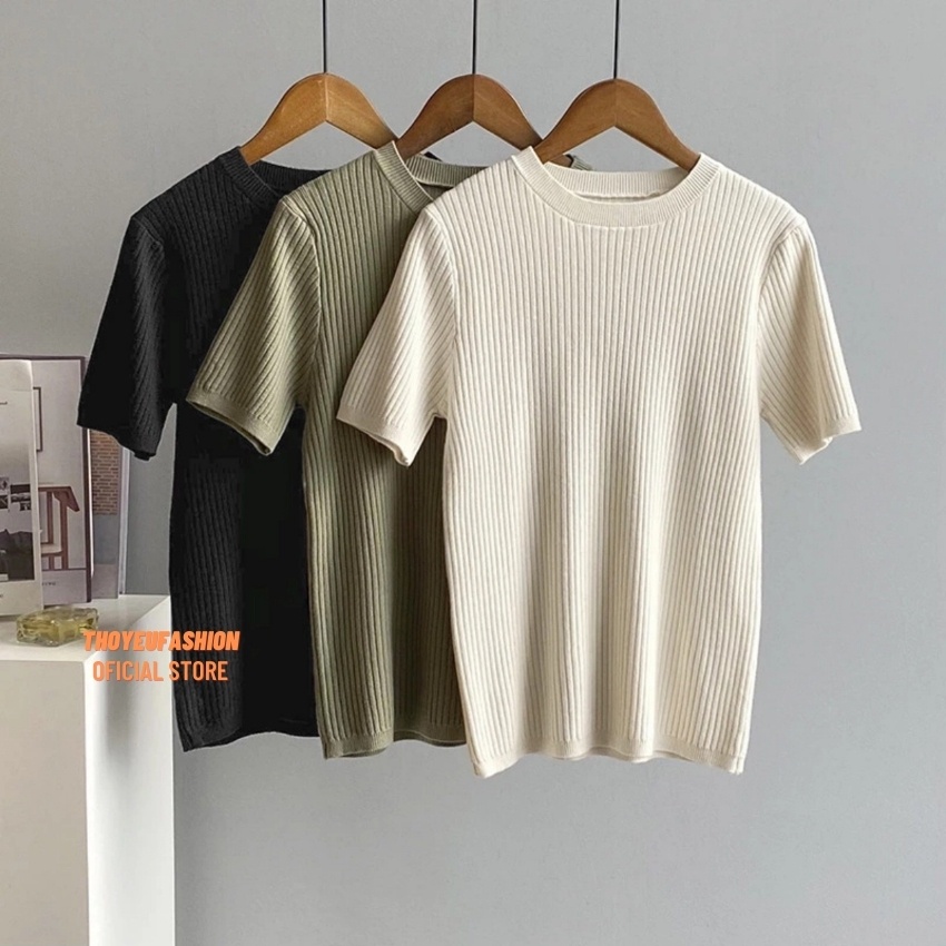 Áo Len Tăm Đũa Cộc Tay Cổ Tròn Basic