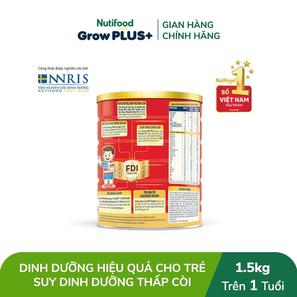 1 lon Sữa Nutifood Grow Plus Đỏ loại bột 1,5kg (cho bé 1-10 tuổi)