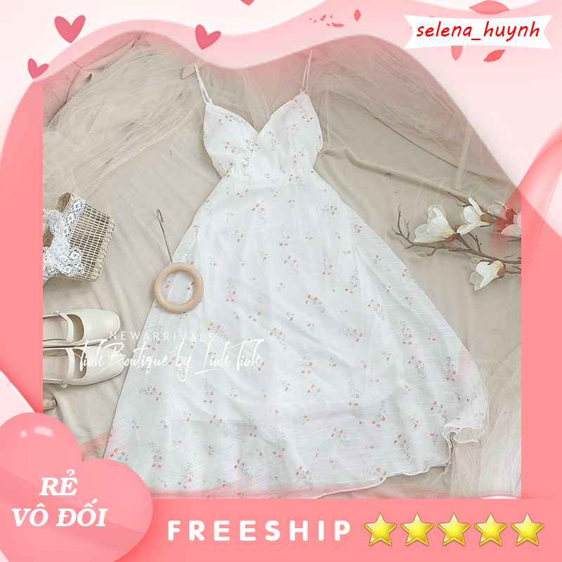 Đầm midi hoa nhí 2 dây thắt eo