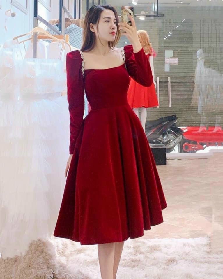 Đầm xòe tay dài đính kim sa-QH#damnu