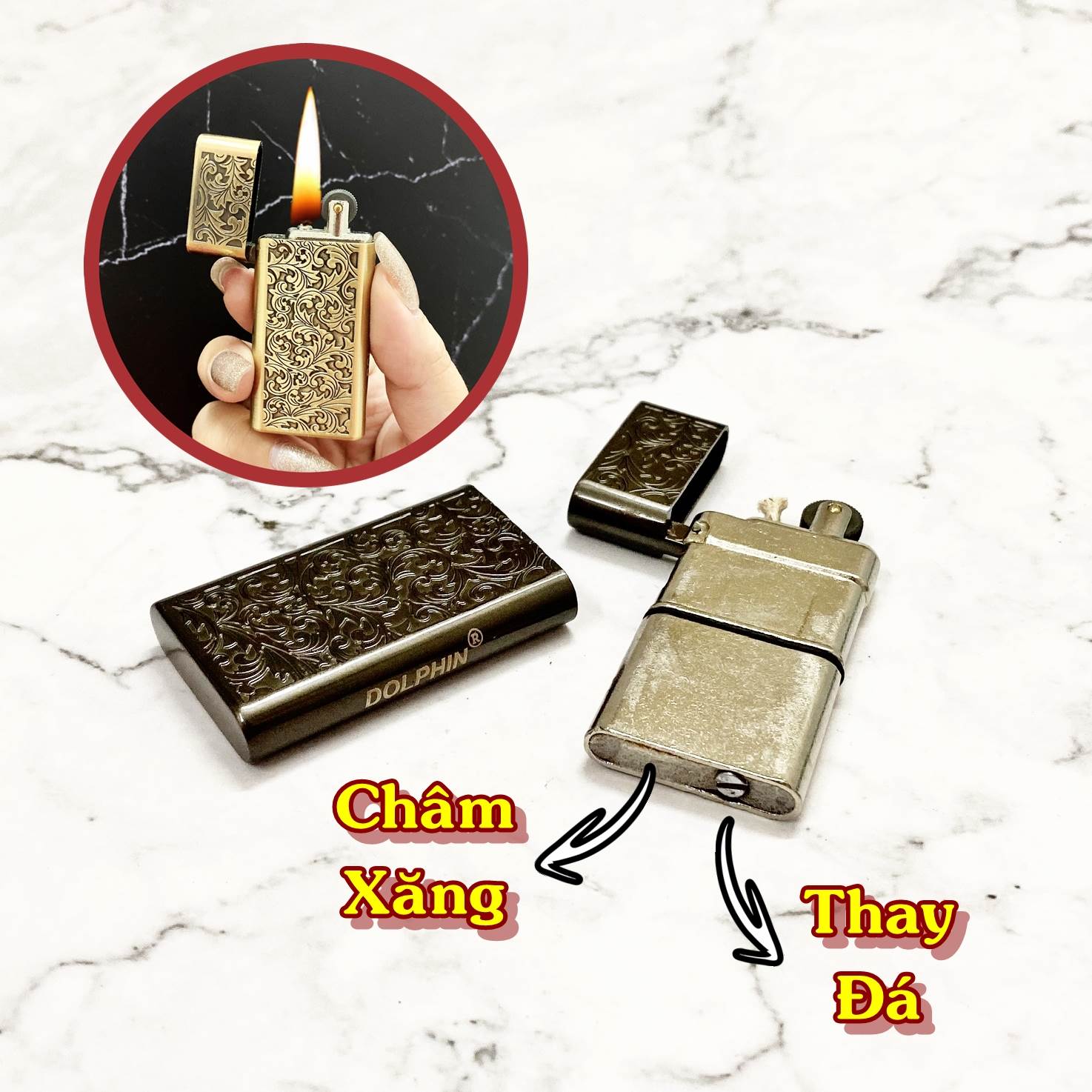 bật lửa đô phin đá cổ 1 bánh xe hình hoa văn xài xăng