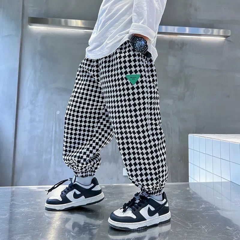 Quần dài cotton nỉ cạp chun hoạ tiết caro cho bé trai