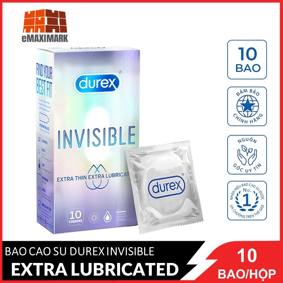 Bao cao su durex invisible extra lube hộp 10 cái