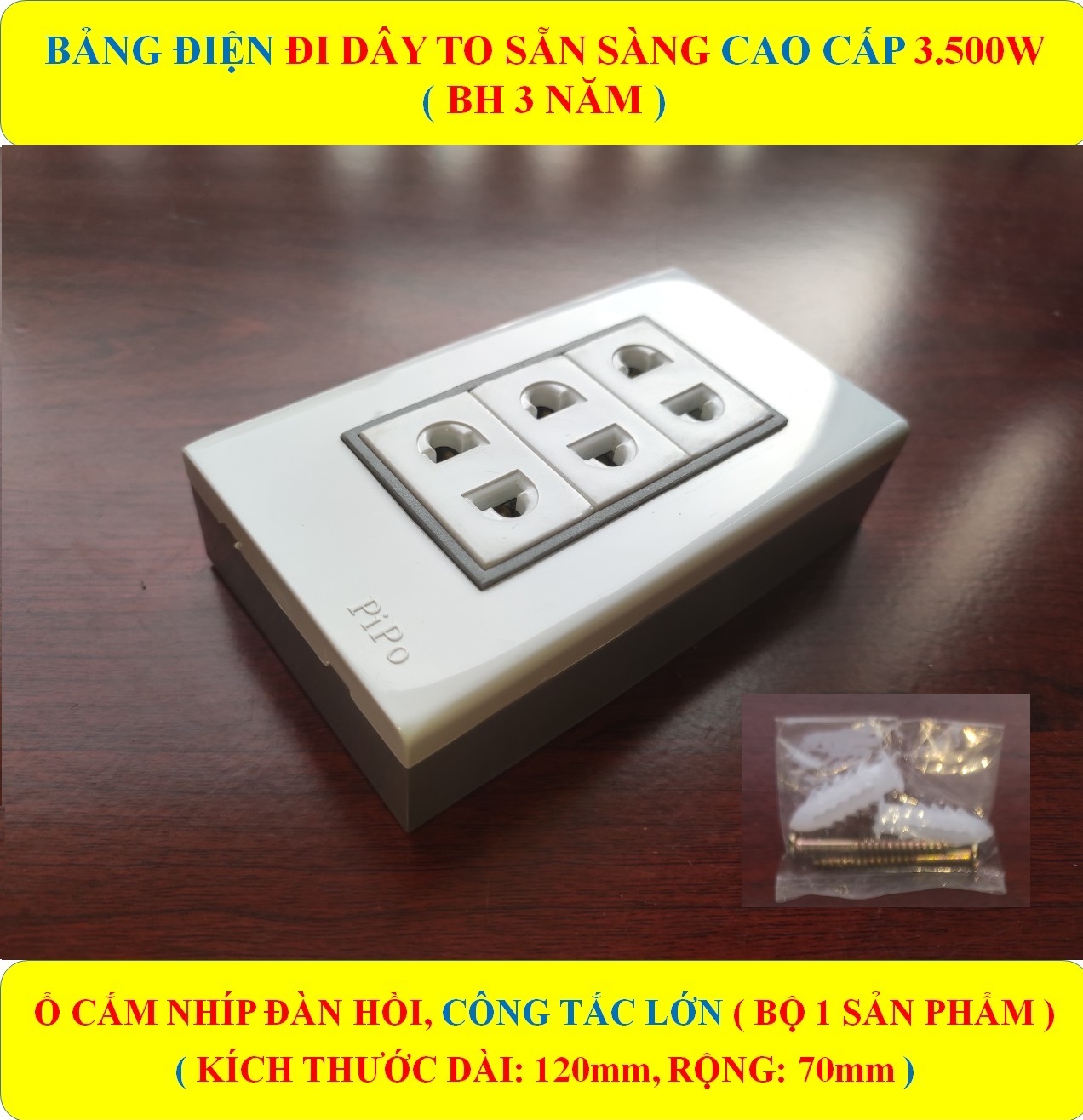 Bảng điện lắp nổi gắn tường CAO CẤP (3500W) + BH 3 NĂM + 3 Ổ cắm nhíp chống giãn  + Đi dây sẵn sàng đầy đủ + Bộ ốc vít lắp đặt (bộ 1 sản phẩm)