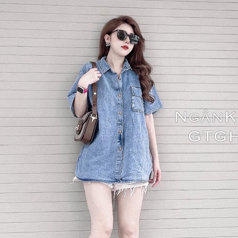Áo sơ mi bò trơn cộc tay form rộng