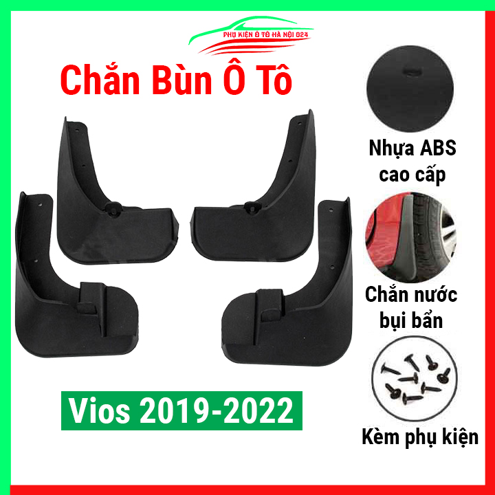 Bộ 4 tấm chắn bùn ô tô Vios 2019 2020 2021 2022 nhựa cao cấp, ốp chắn bùn xe hơi có kèm ốc gắn