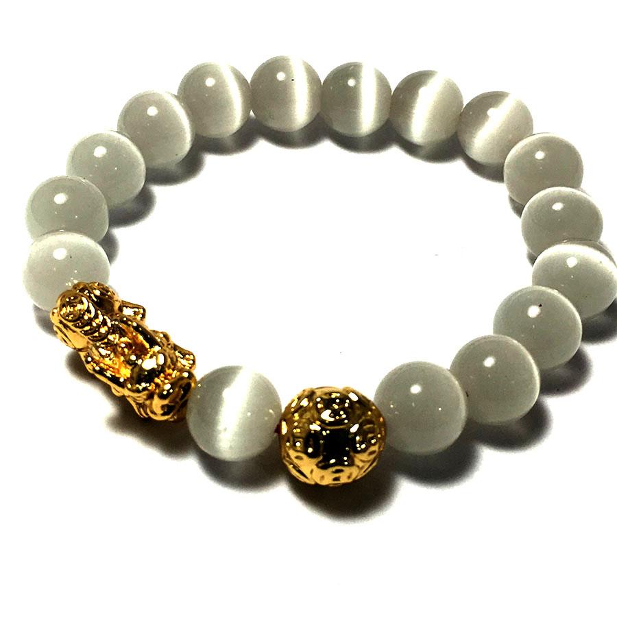 Vòng tay phong thủy đá mắt mèo màu trắng kèm cham tì hiu bạc mạ vàng 24k cao cấp cho người mệnh kim - mệnh thủy -LM VPT20