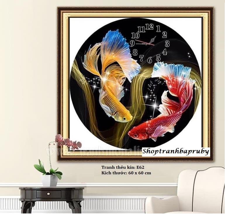 Tranh thêu đồng hồ cá tài lộc E62 kích thước 60 x 60 cm