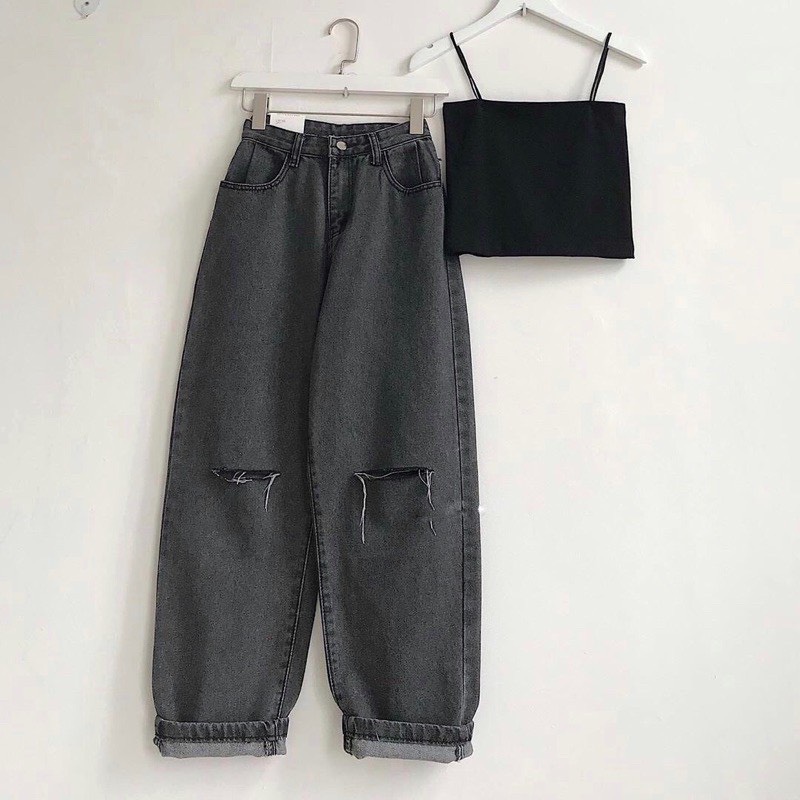 Baggy Jeans Lưng Cao Xám Rách Gối