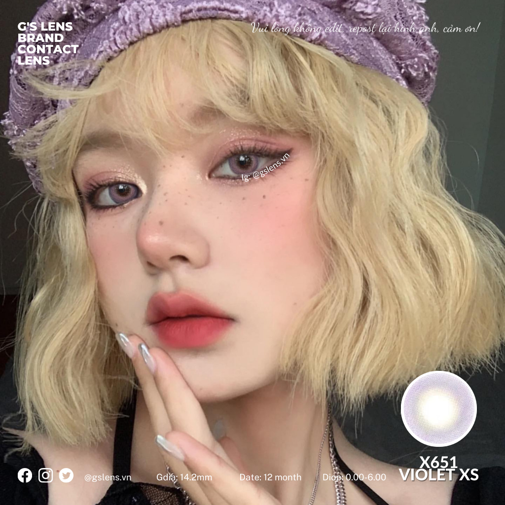 Lens mắt kính áp tròng tím tây sáng không giãn x651 violet có từ 0 đến 6 độ lệch độ size xs 14mm - g's lens