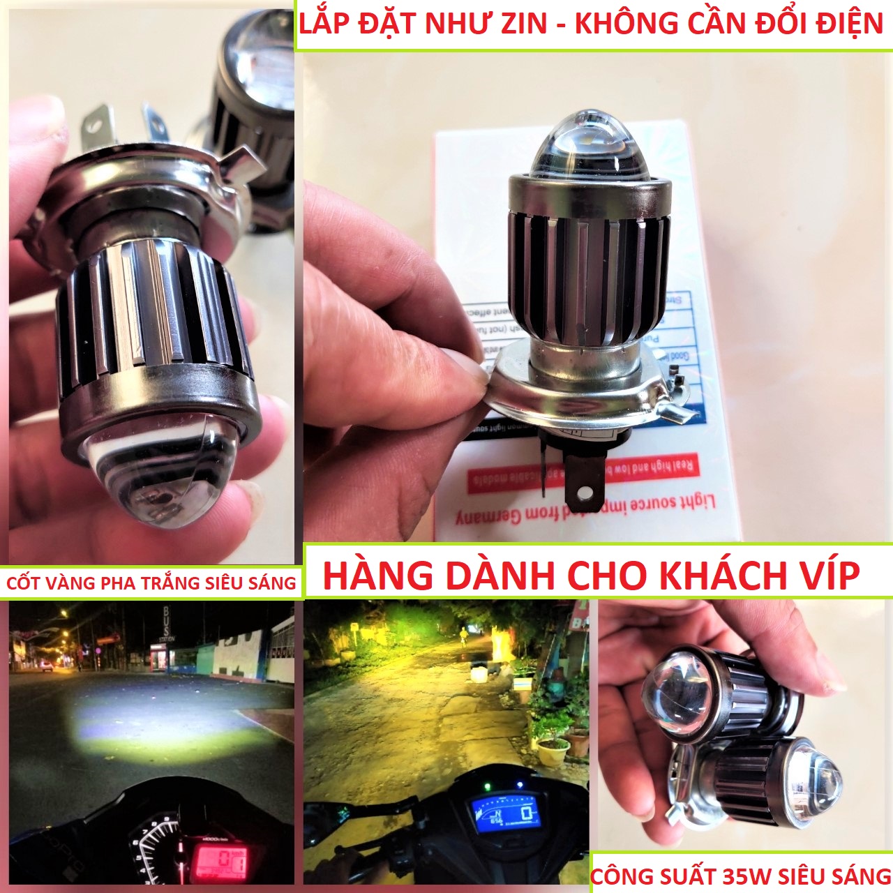 ĐÈN PHA SIÊU SÁNG XE MÁY , ĐÈN PHA 2 CHẾ ĐỘ CỐT VÀNG PHA TRẮNG XE MÁY