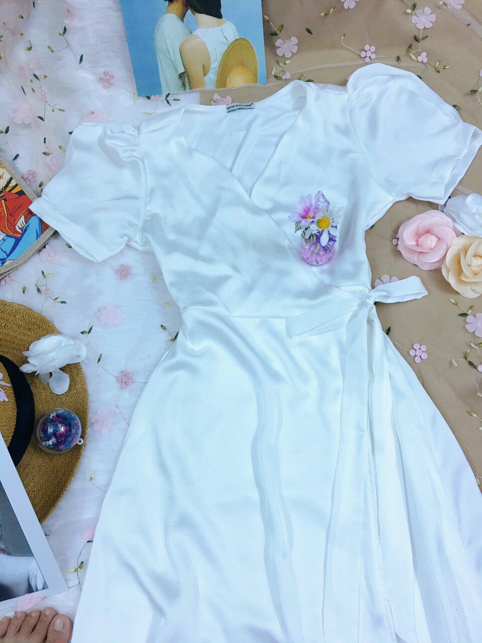 [HCM]Đầm lụa satin đắp tà chéo phong cách Hàn Quốc siêu xinh