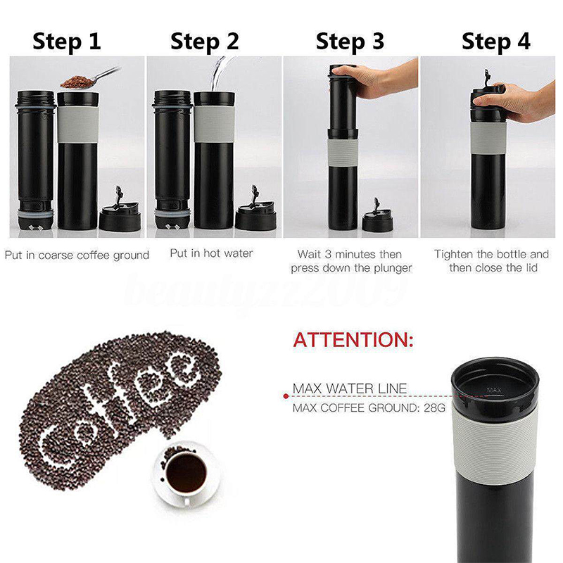 300ml Máy ép cà phê cầm tay Bình pha trà Máy pha cà phê Nước uống cho Du lịch (Đen)