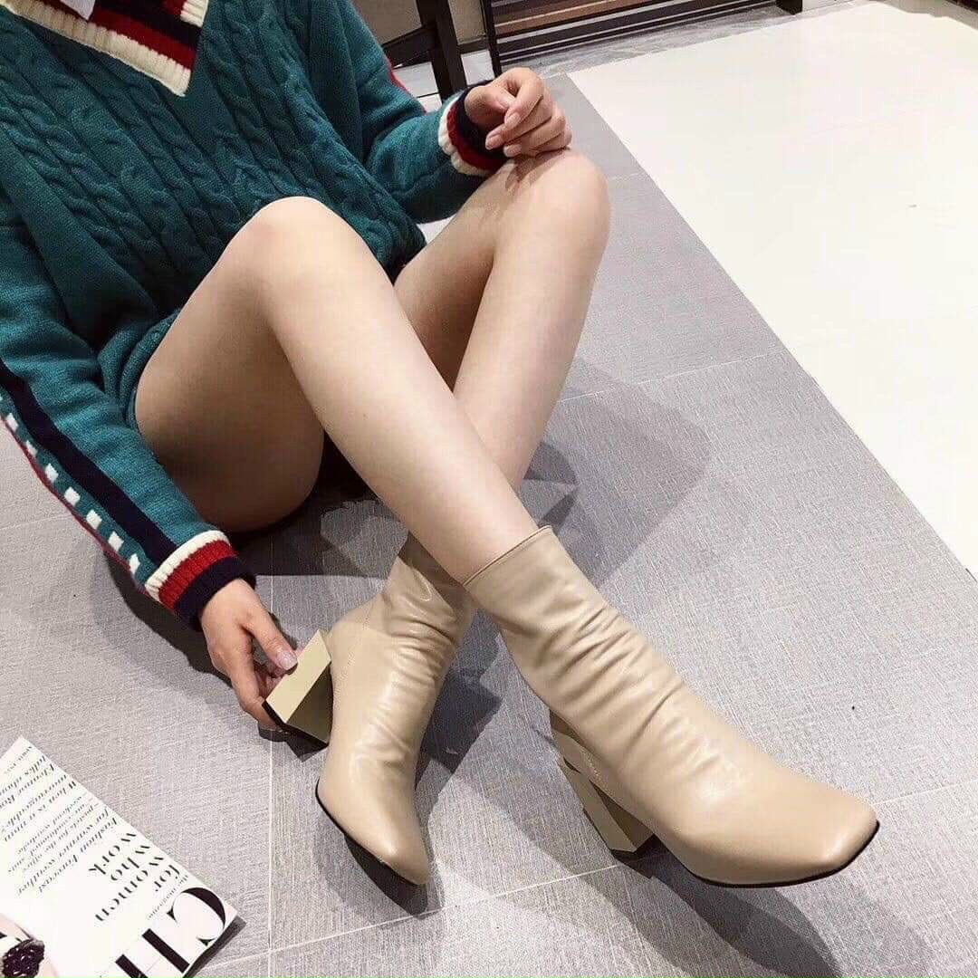 Bốt nhún da lì gót kiểu 7p Đen - Nâu tây