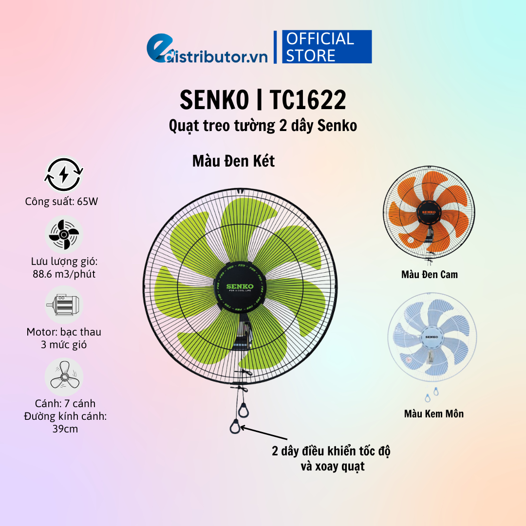 Quạt Treo Tường 7 Cánh Senko TC1622 - Công Suất 65W - Có Cầu Chì Bảo Vệ - Bảo Hành 24 Tháng - Hàng Chính Hãng