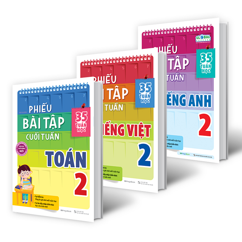 Sách combo phiếu bài tập cuối tuần toán, tiếng việt, tiếng anh lớp 2