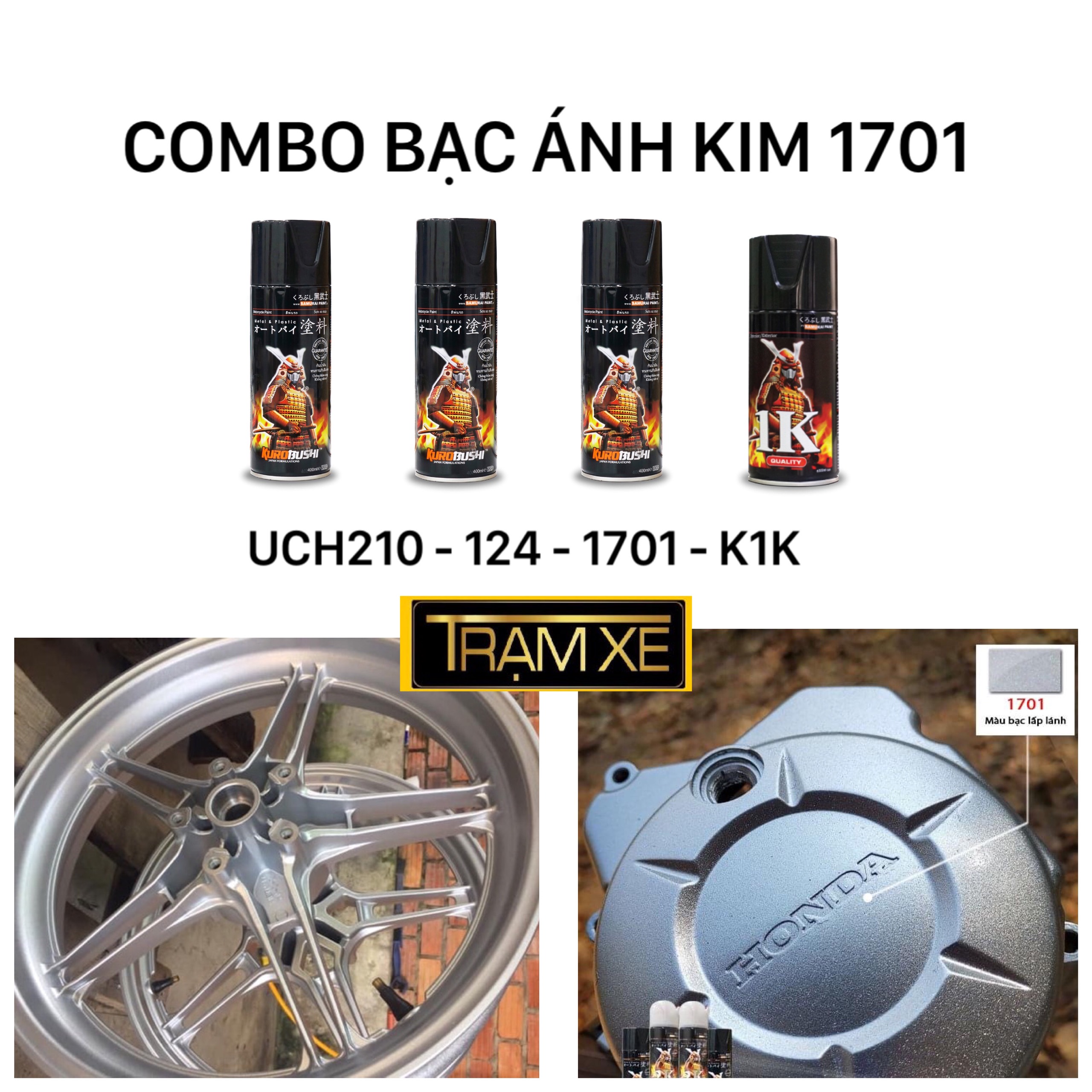 COMBO Sơn xịt Samurai màu Bạc lấp lánh ánh kim 1701 gồm 4 chai đủ quy trình bền đẹp có hạt ánh kim nhiều (Uch210 - 124 - 1701 - K1k)