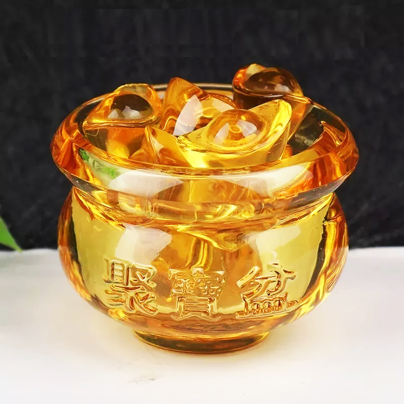 Hũ vàng thần tài pha lê, bát tụ bảo lưu ly - thu hút tài lộc - kho báu giàu có nhiều thỏi vàng pha lê