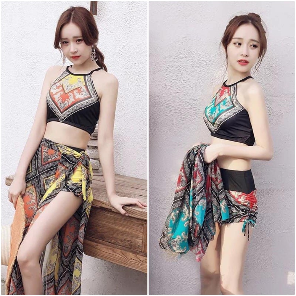 Đồ Bơi Nữ Bikini Đi Biển 3 Mảnh Phong Cách Hàn Quốc-Bộ bikini áo yếm kèm khăn,Bikini 3 Mảnh - Bộ bơi nữ đẹp,Bộ bơi bikini nữ .,bộ tắm biển nữ,Bộ đi biển 3 chi tiết cho bạn gại cực kì sang và đẹp