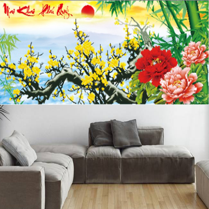 Tranh thêu mai vàng hoa khai phú quý X8088 - kích thước 105 * 50
