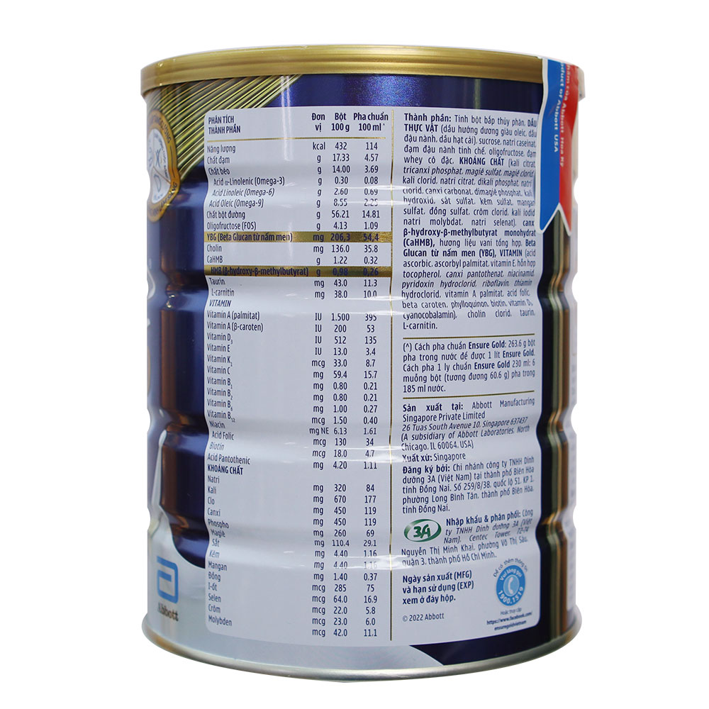 Sữa Bột Ensure Gold Hương Vani / Hương Vani Ít Ngọt 800gr