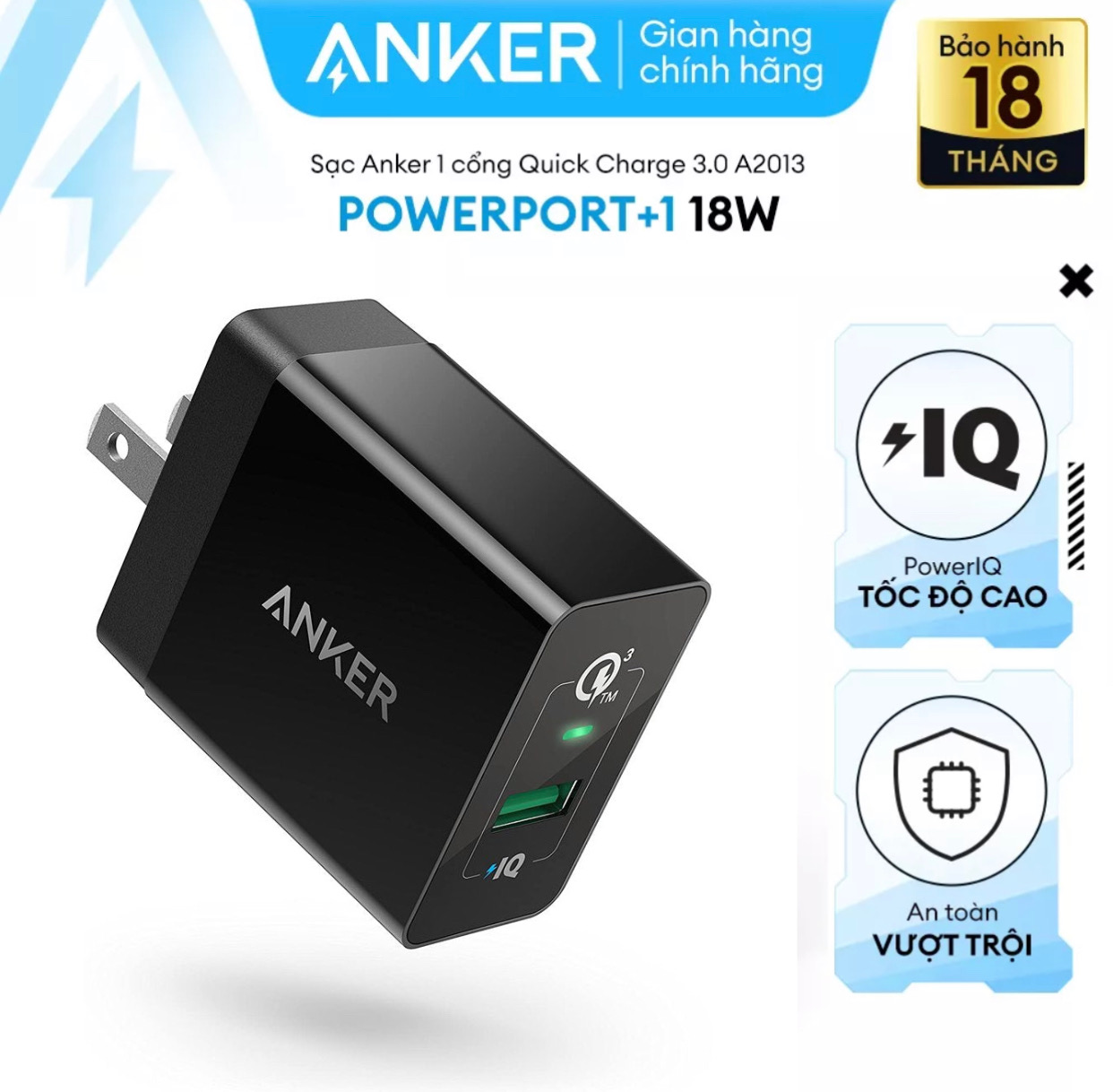 Củ sạc nhanh ANKER PowerPort+ 1 cổng 18w Quick Charge 3.0 - A2013