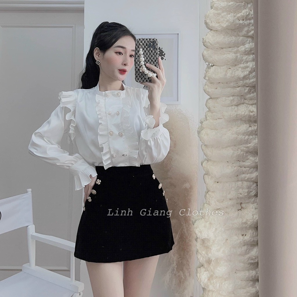 Áo sơ mi bèo dập li khuy ngọc hot