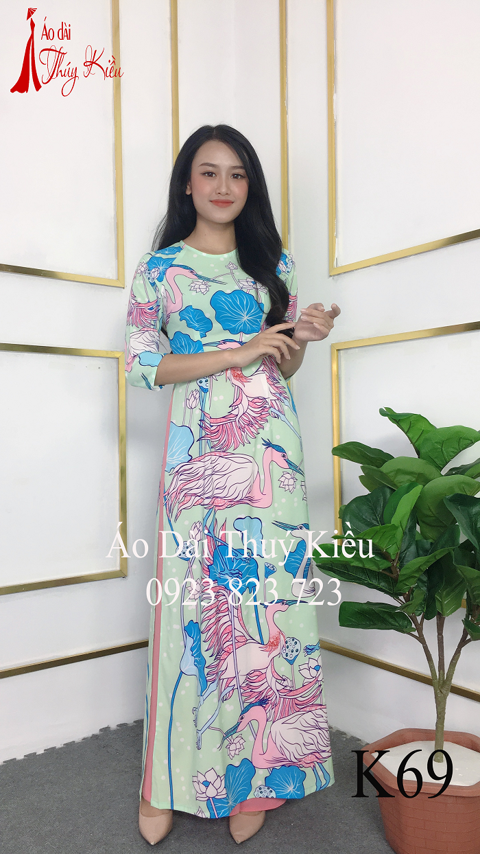 Áo dài nữ truyền thống thiết kế may sẵn tết cách tân nền xanh hồng hạc K69 Thúy Kiều mềm mại co giãn áo dài giá rẻ