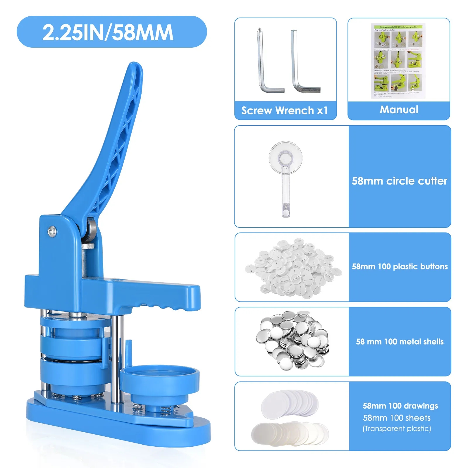 Nút làm cho máy cài đặt miễn phí 58mm DIY nút làm cho máy thiết lập, huy hiệu dập máy với miễn phí 100 cái nút nhựa và máy cắt tròn, hình ảnh và cuốn sách ma thuật