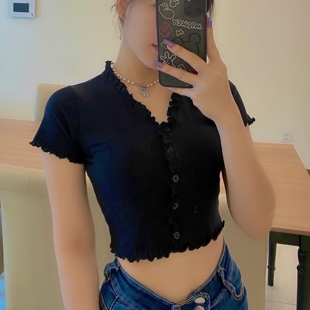 [HCM]ÁO KIỂU VIỀN BÈO NÚT BỌC CROPTOP SIÊU CUTE
