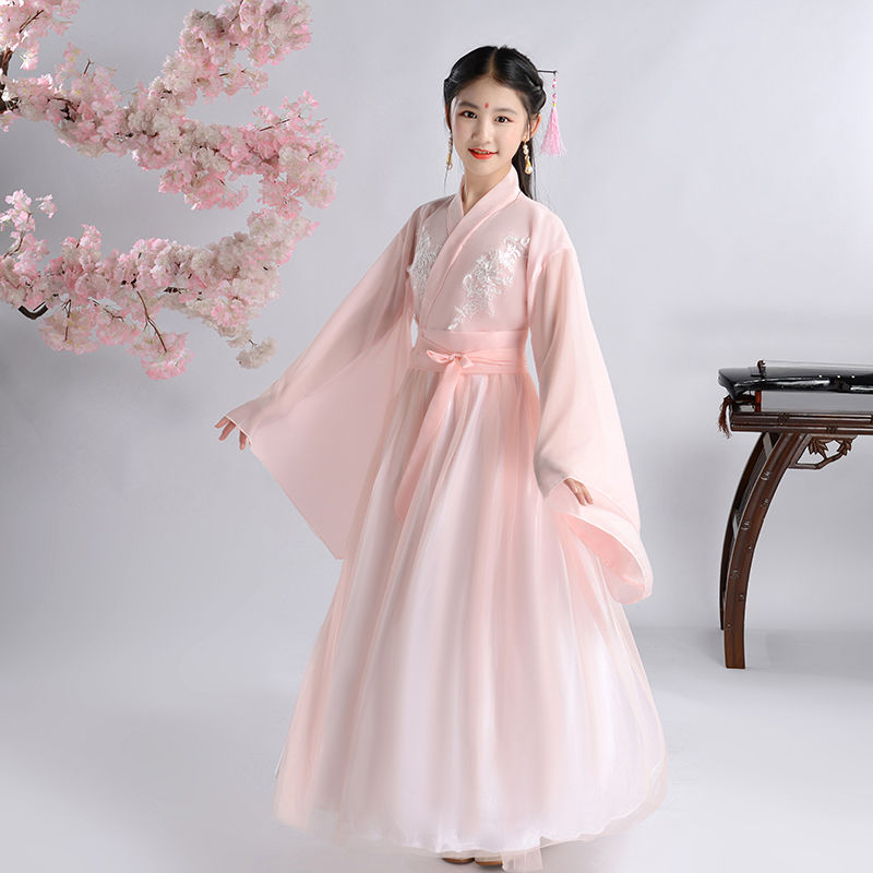 Hanfu trẻ em, phụ nữ, trang phục cổ tích, tay áo rộng dòng chảy váy mật ong ngọt ngào ember 如霜 với cùng một mùa hè đầm