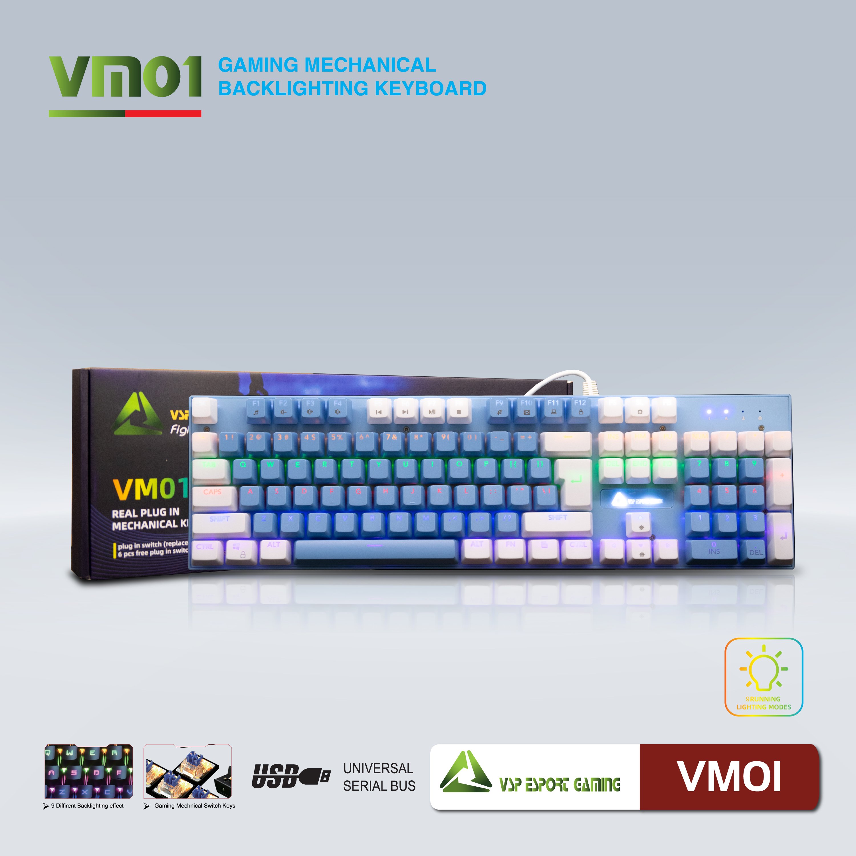 Bàn phím cơ gaming vsp esport vm01 - 13 chế độ led, anti ghost 25 phím - phụ kiện 1986