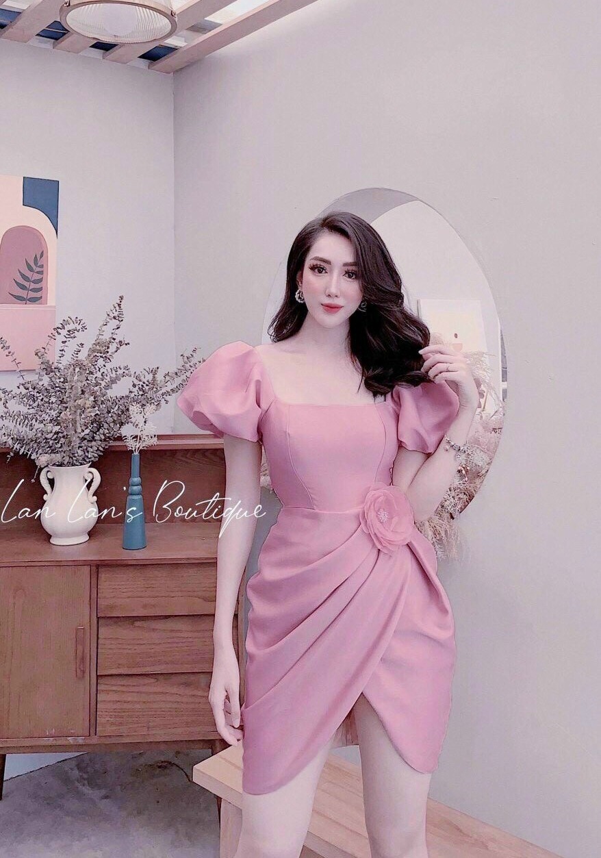 Đầm body vạt chéo tay phồng kết bông eo