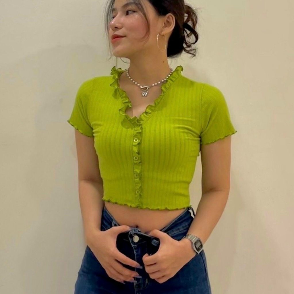 [HCM]ÁO KIỂU VIỀN BÈO NÚT BỌC CROPTOP SIÊU CUTE