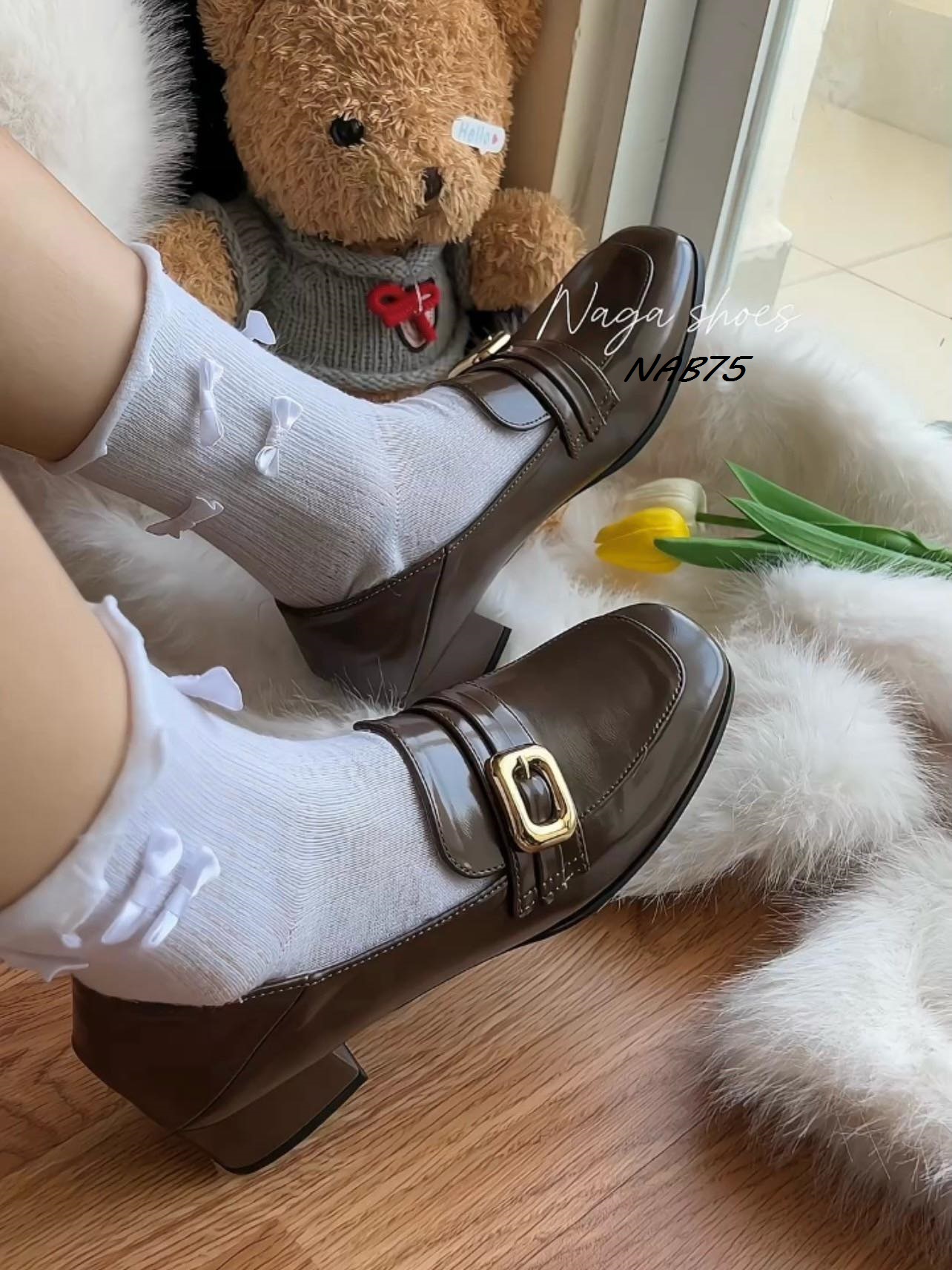 Giày búp bê nagashoes mũi vuông khóa vuông 4p nab75