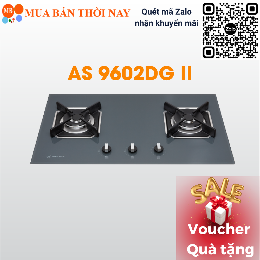 Bếp gas âm Malloca AS 9602DG, bếp ga âm 2 bếp nấu, bếp gas có hẹn giờ, bếp ga mặt kính cường lực