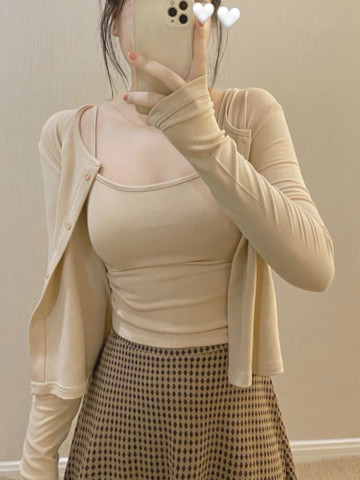 Set áo cardigan phối áo hai dây croptop chất thun tăm co giãn