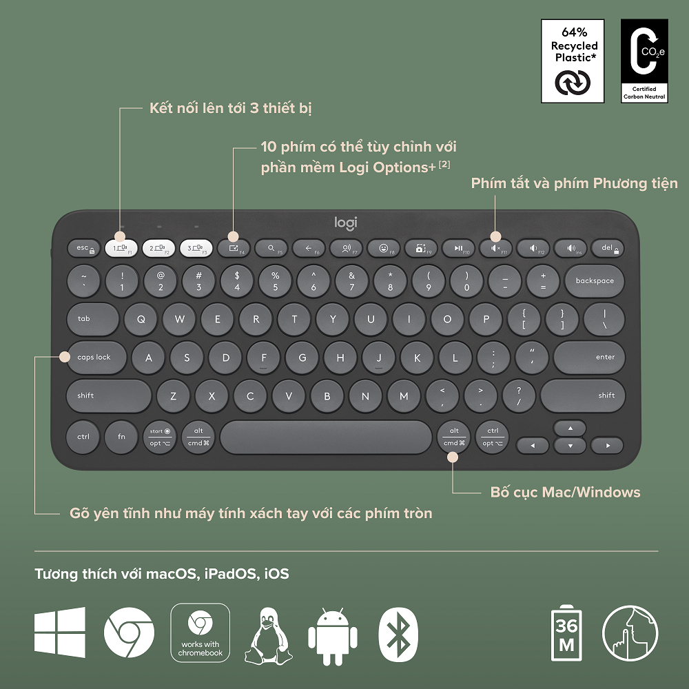 Bàn Phím Bluetooth đa thiết bị Nhỏ Gọn Mỏng & Đẹp Logitech K380 K380S